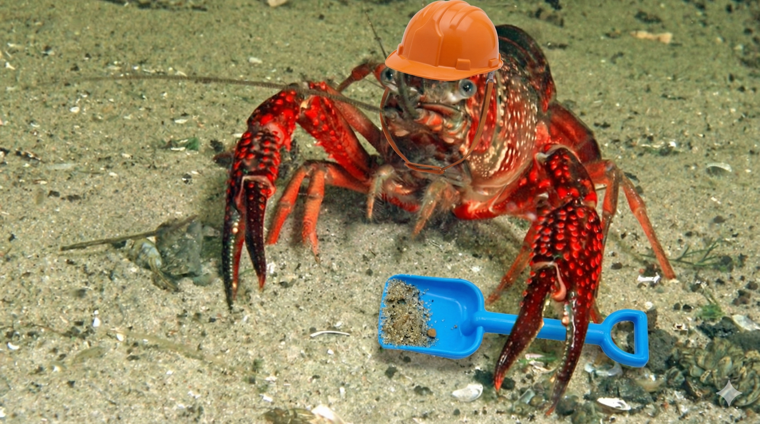 Een rivierkreeft aan het werk met een bouwhelm op het hoofd en een strandschep in de linker klauw.