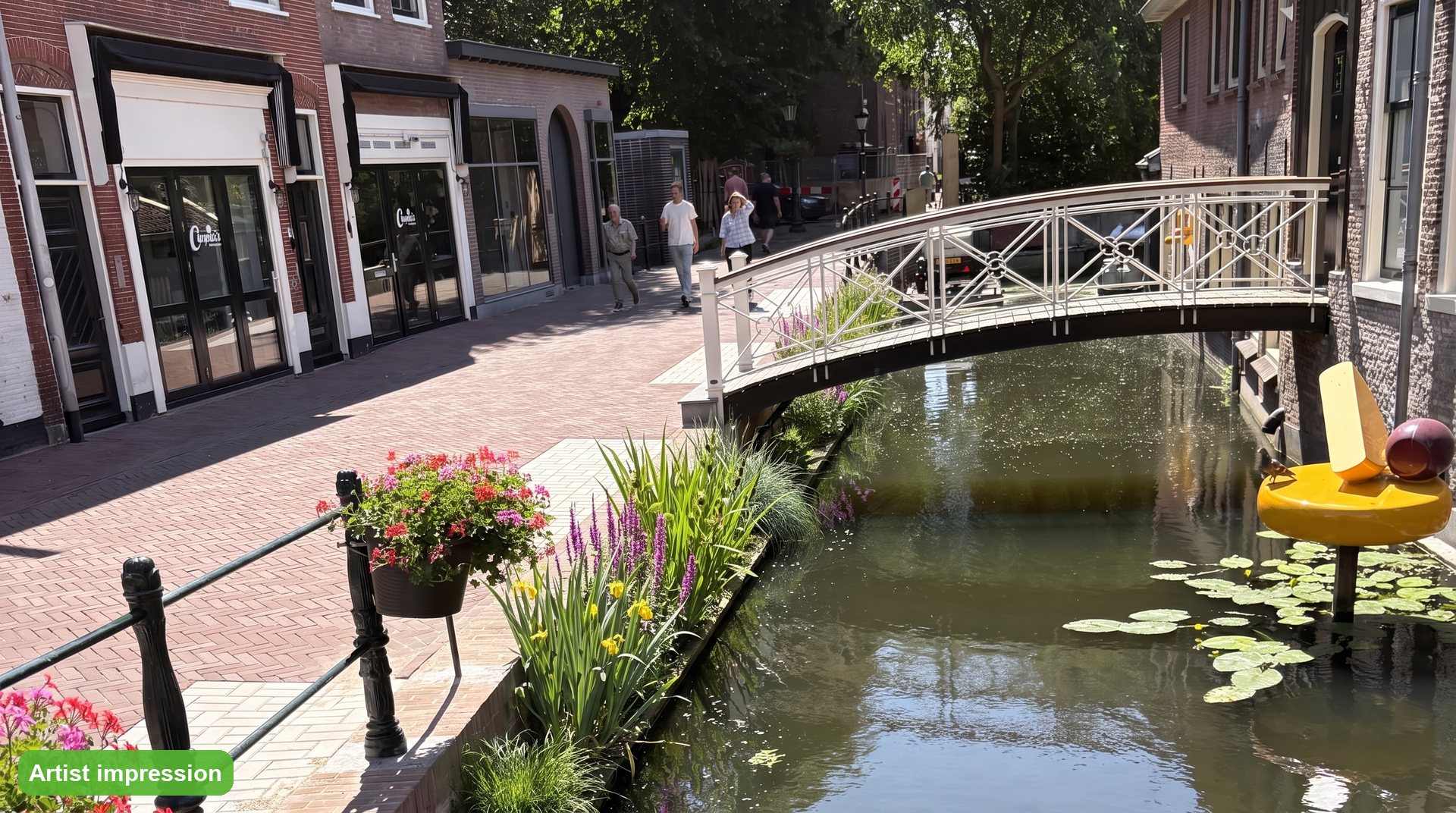 Groene kade Jeruzalemstraat Gouda, artist impression Artist impression van de groene kade aan de Jeruzalemstraat in Gouda: oeverplanten langs de kademuur bij het witte bruggetje