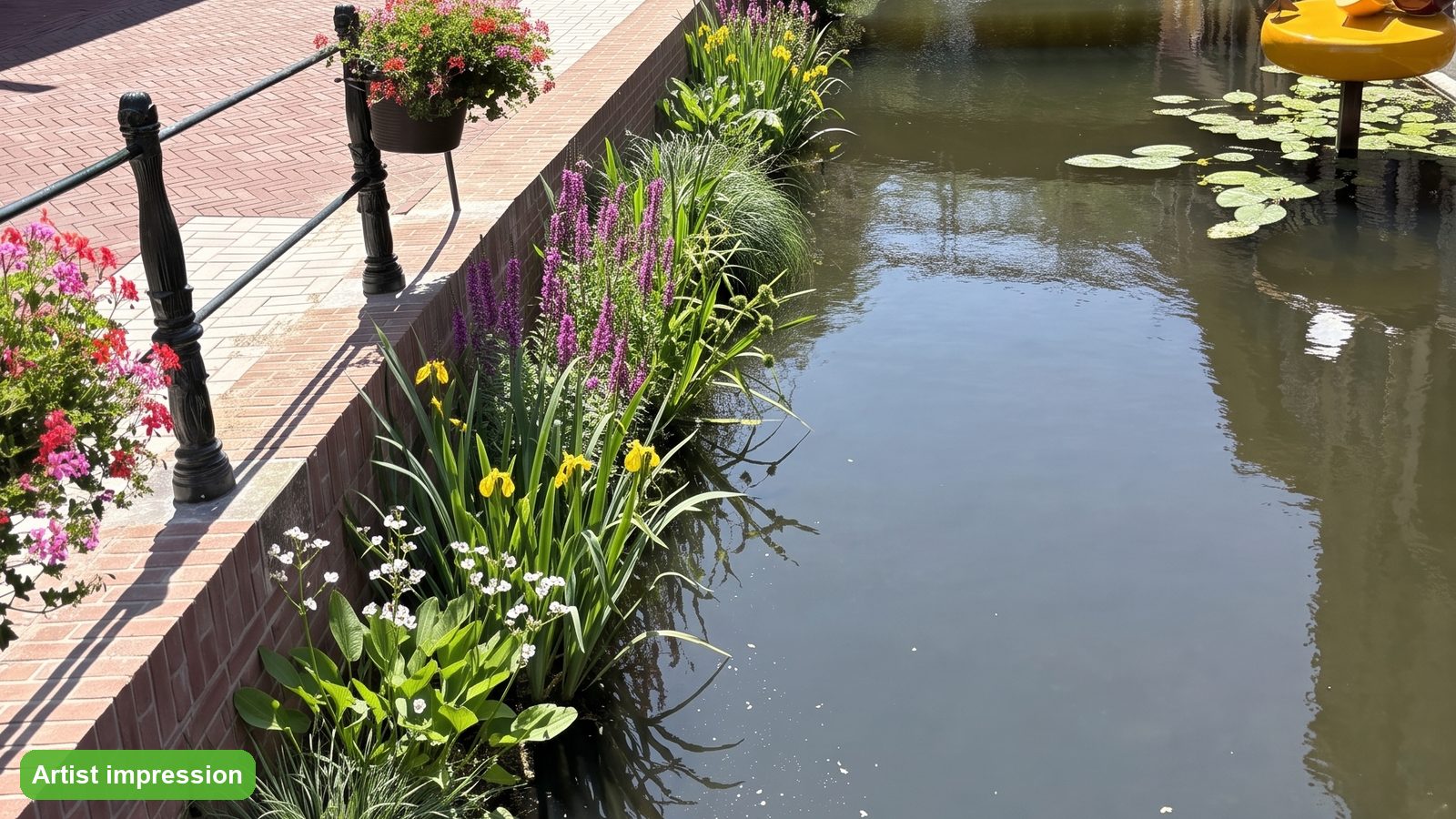 Artist impression detail: gele lis, kattenstaart, grote waterweegbree en zeggen langs de kademuur in Gouda