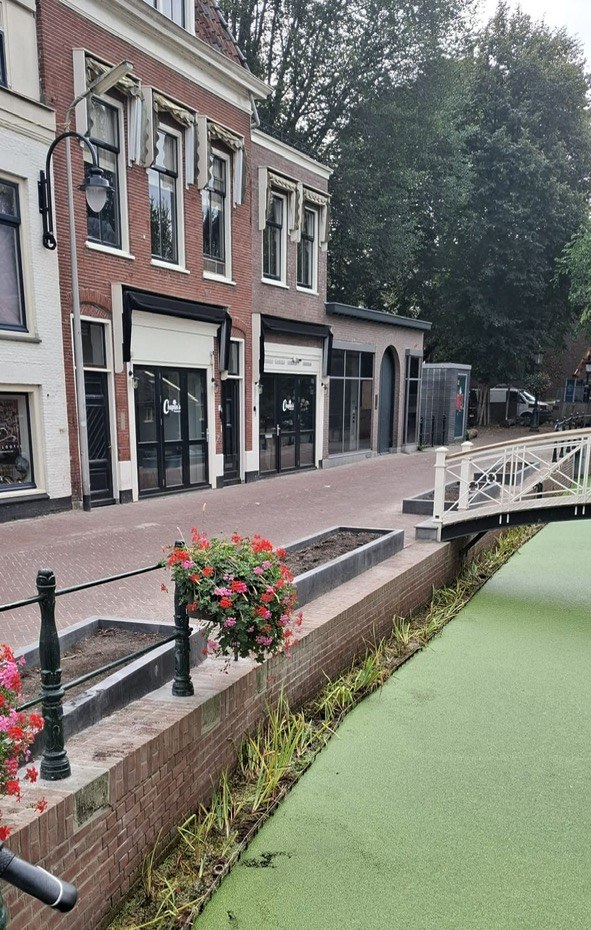 Groene kade aan de Jeruzalemstraat in Gouda vlak na aanleg, gezien vanaf de straat