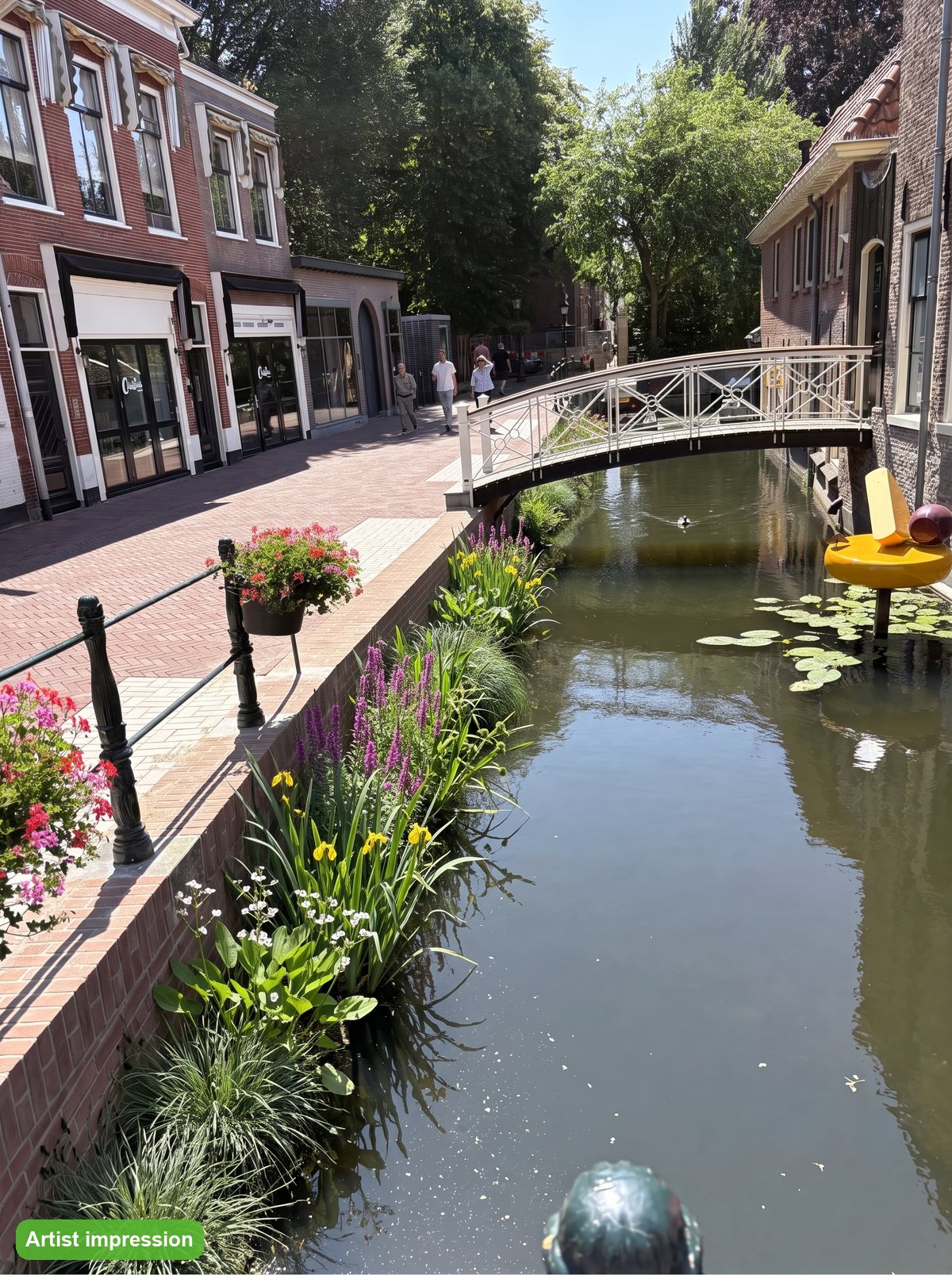 Artist impression van de volgroeide groene kade in Gouda met zes soorten inheemse oeverplanten