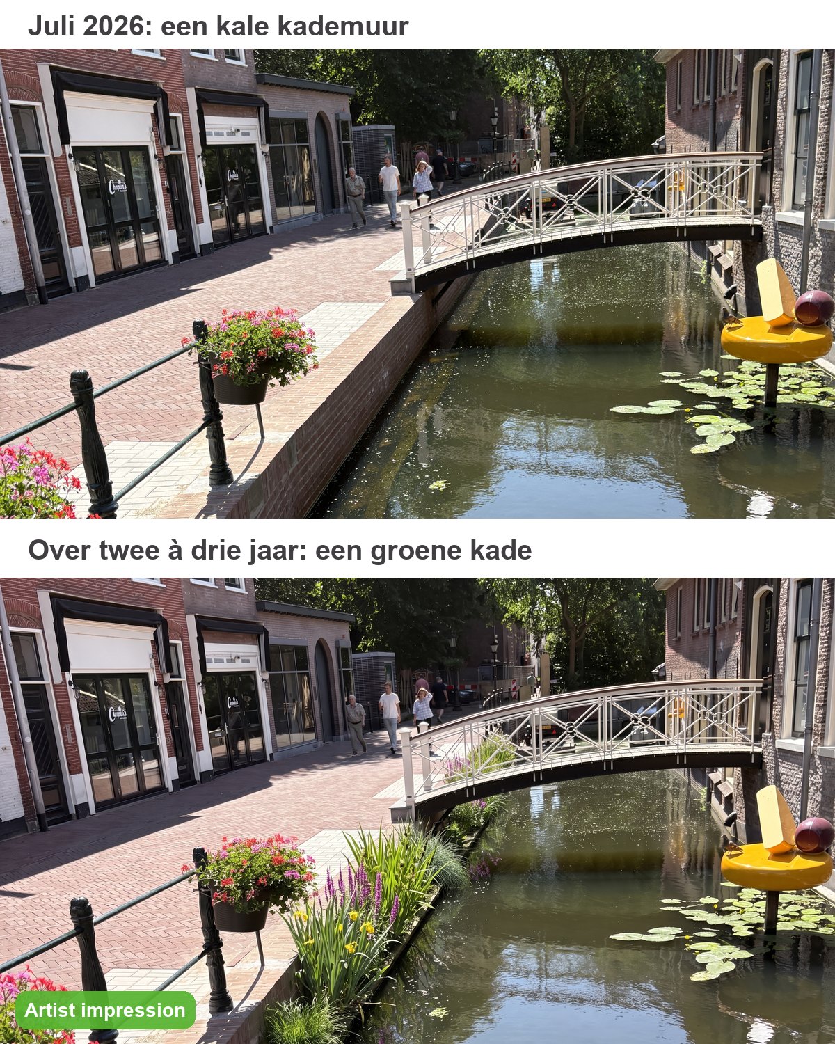 Groene kade Gouda voor en na Voor en na: kale kademuur in juli 2026 en artist impression van de groene kade in Gouda